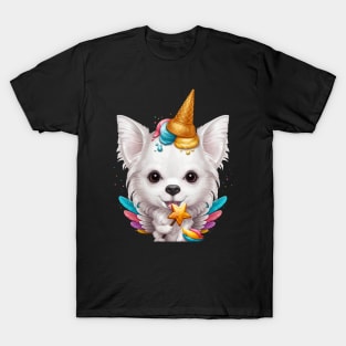 White Long Coat Chihuahua Ice Cream Unicorn T-Shirt